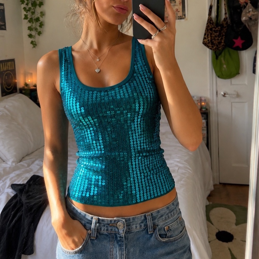 Vintage Y2K teal Sequin Ribbed Tank Top XS Scoop Neck Green cotton